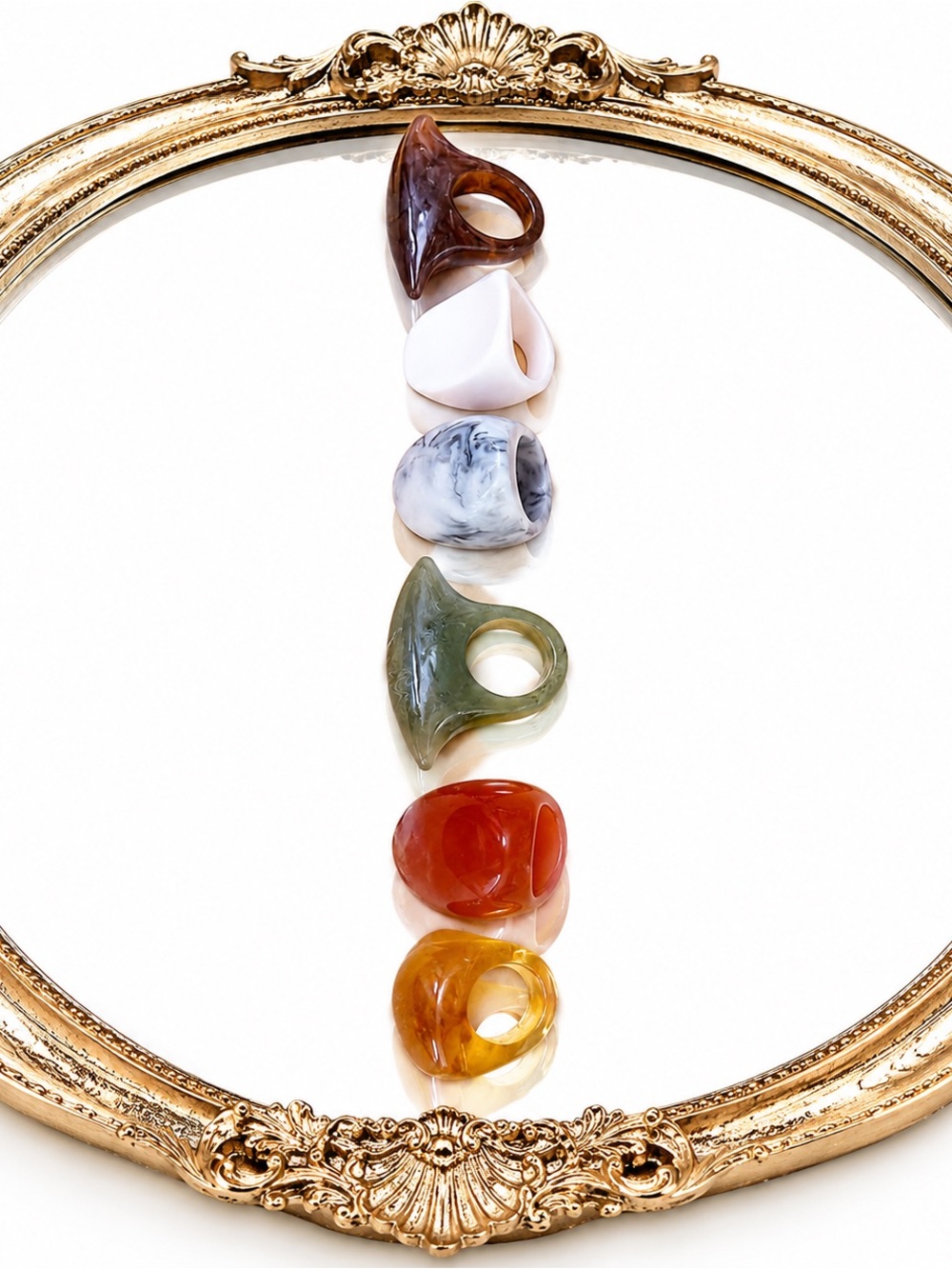 Resin Sculpted Ring Set in Brown, White, Marble, Green, Red, and Amber